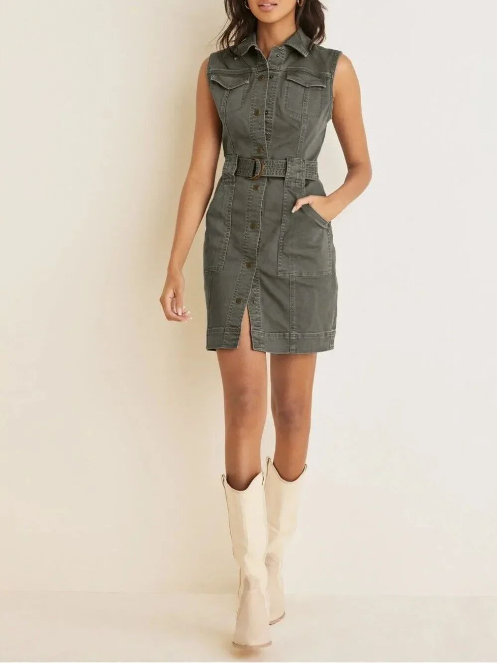 VENUS Olive Green Utility Mini Dress Belted Twill Safari Cargo Sleeveless Size 4